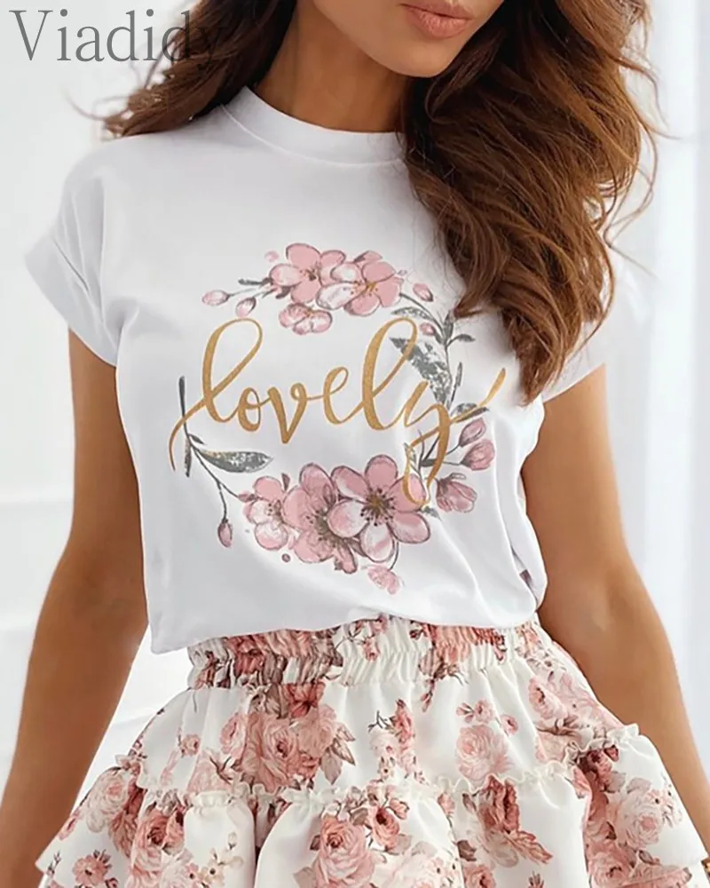 

Women Floral Letter Print Short Sleeve T-shirt & High Waist Layered Ruffles Skirt Set
