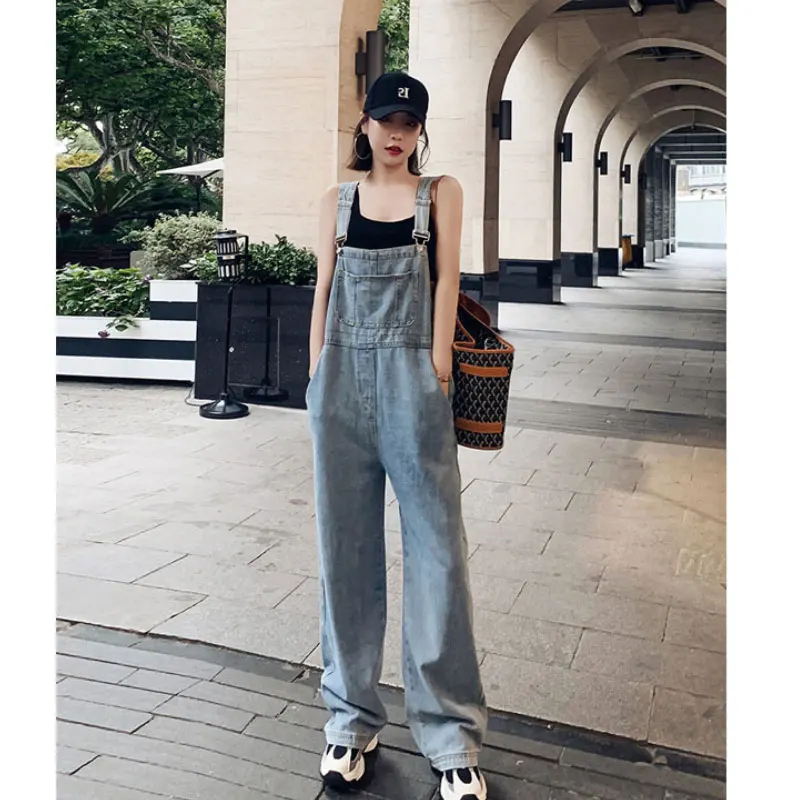 Женский джинсовый комбинезон с широкими штанинами свободный слитный из денима