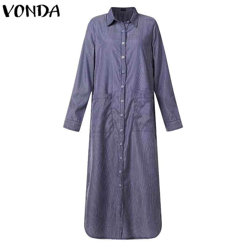 VONDA, длинное женское платье-рубашка, осень, повседневное, с отворотом, с длинным рукавом, для вечеринки, сексуальное, на пуговицах, с разрезом, в полоску, Vestidos размера плюс