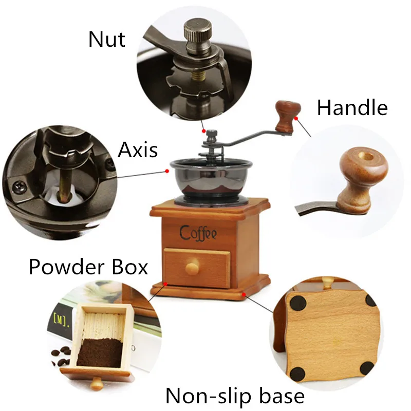 

Vintage Manual Hand Crank Wooden Metal Coffee Hand Grinder Coffee Pepper Herb Mill Spice Grinder Adjustable Coarseness