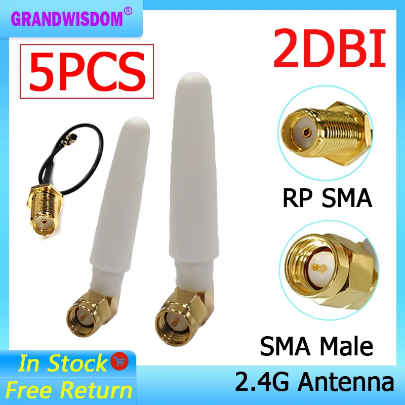 GRANDWISDOM 5pcs 2.4G antenna 2dbi sma male wlan wifi 2.4ghz antene IPX ipex 1 SMA female pigtail Extension Cable iot antena