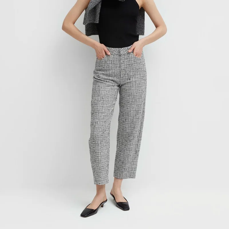 

2020 Wild Black / White Tweed Curved Casual Pants Cropped Long Pants