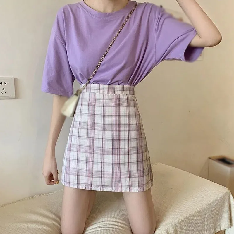 

Plaid Skirt 2021 Summer High Waist Slimming Skirt Female Stitching Pleated Skirts Women Cute Sweet Girls Dance Mini Skirt