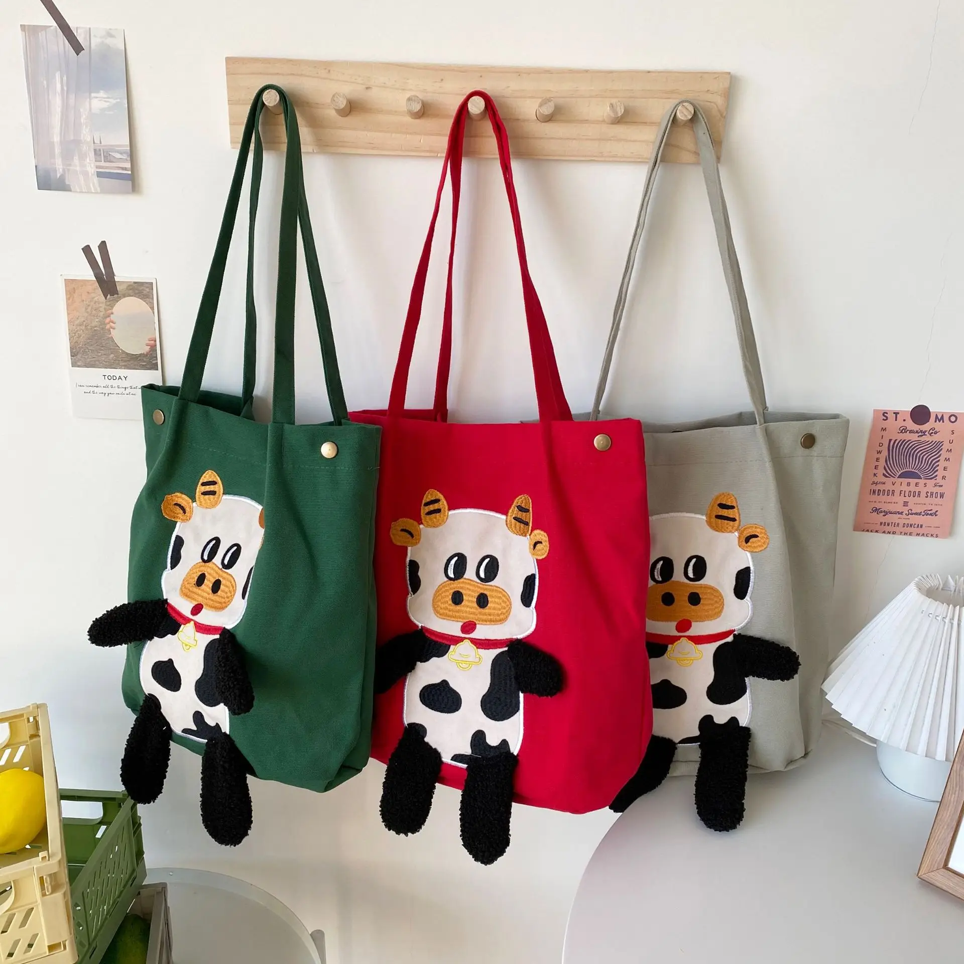 

New Bags For Women 2021 Summer Handbag Canvas Bag Cartoon Cow Embroidery Shoulder Bag Shopping Bag Bolsa Feminina Sac A Main Bag