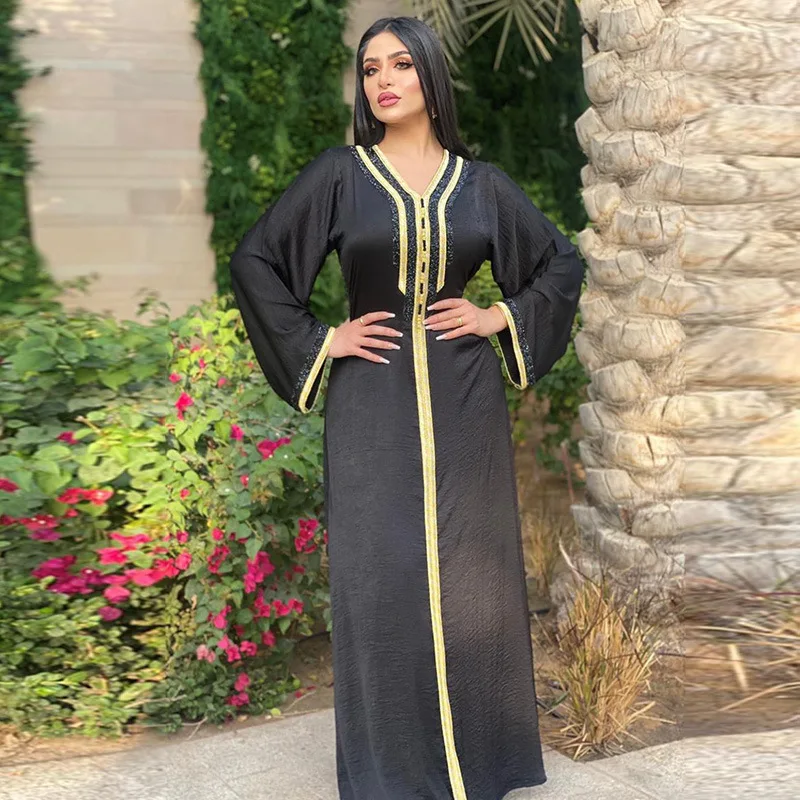Рамадан, мусульманское женское платье кебая, черный кафтан, Бриллиантовая лента, Дубай, абайя, элегантный марокканский кафтан, халат, хиджаб...