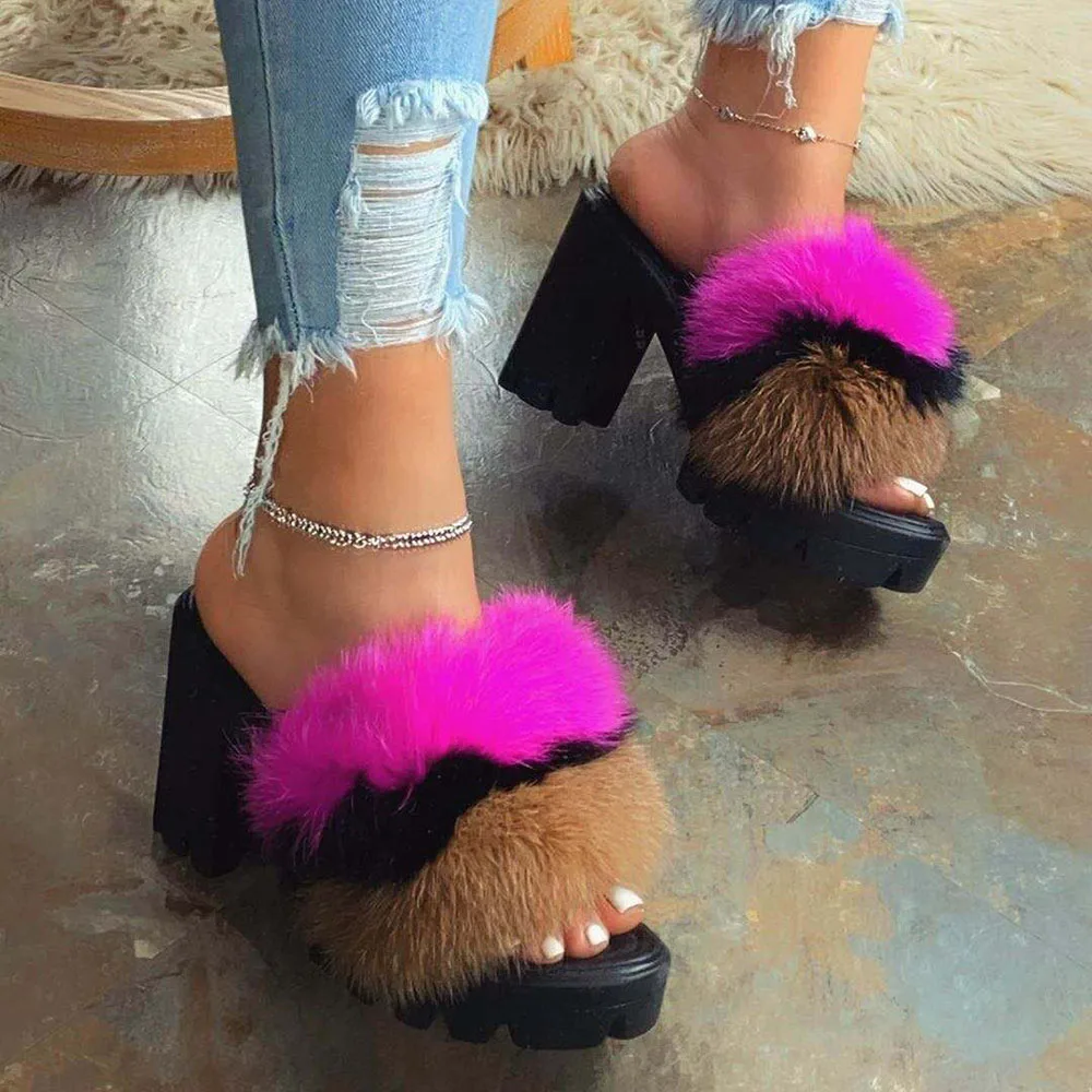 

Platform Wedges Heel Slippers Luxury Designer Women Fur Slippers Solid Fluffy Furry Slides Outside Sexy Shoes Ladies Outdoor New