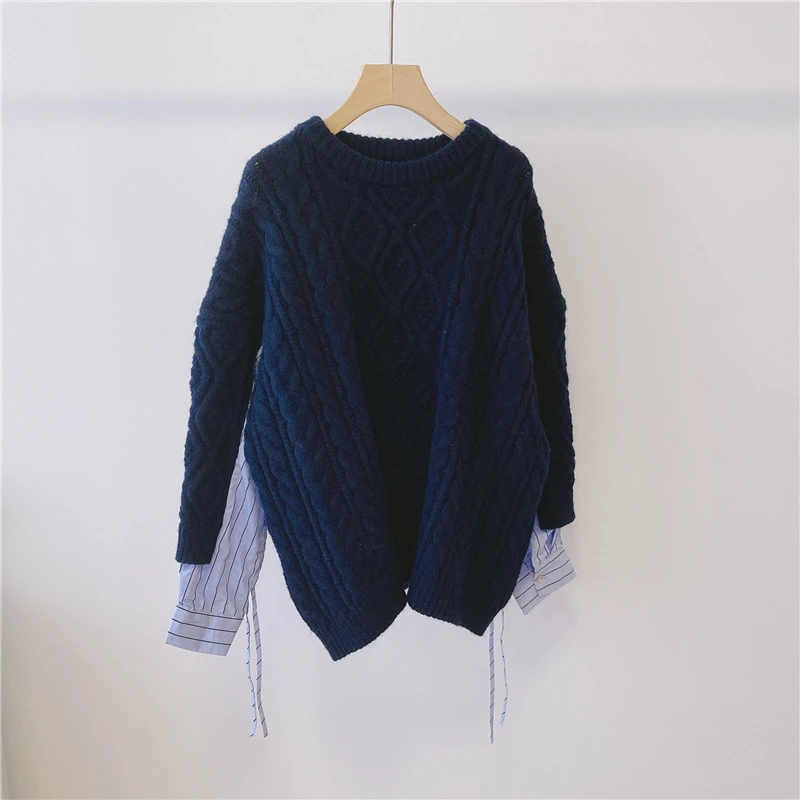 

Striped Big Size Knitting Sweater Loose Fit Round Neck Long Sleeve Women Pullovers New Fashion Autumn Winter 2021