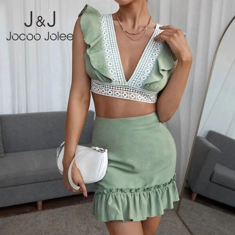 

Jocoo Jolee Sexy V Neck Ruffles Backless Cropped Tops and High Waist Skirts Elegant Lace Two Pieces Sets Casual Slim Mini Suits