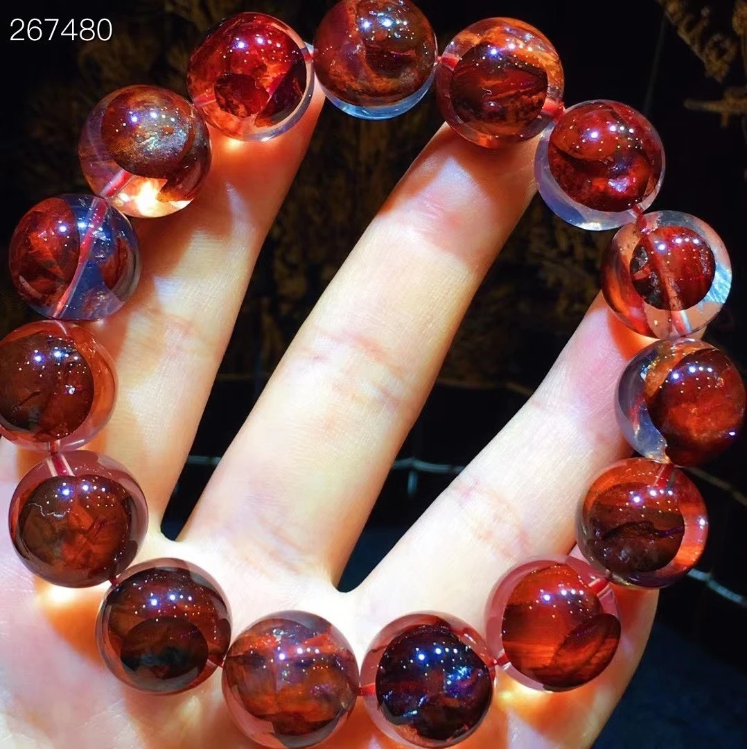 Review Natural Red Limonite Phantom Quartz Bracelet 14mm Rare Stretch Clear Round Beads For Women Men Jewelry AAAAA
