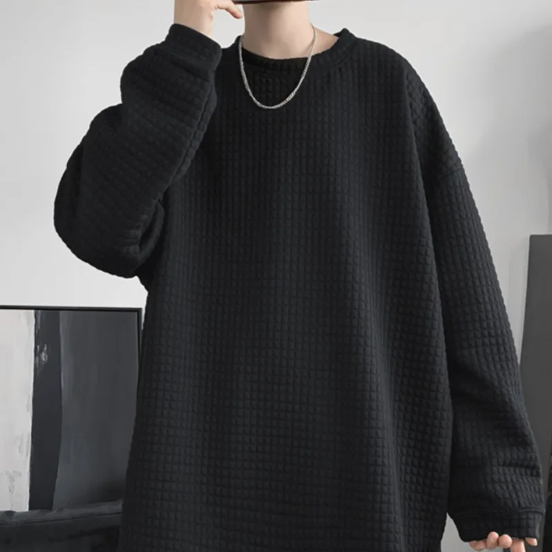 

Spring Solid Color T-shirt Men Korean Loose Three-dimensional Plaid Casual T-shirt Men Streetwear Long-sleeved T-shirt Men