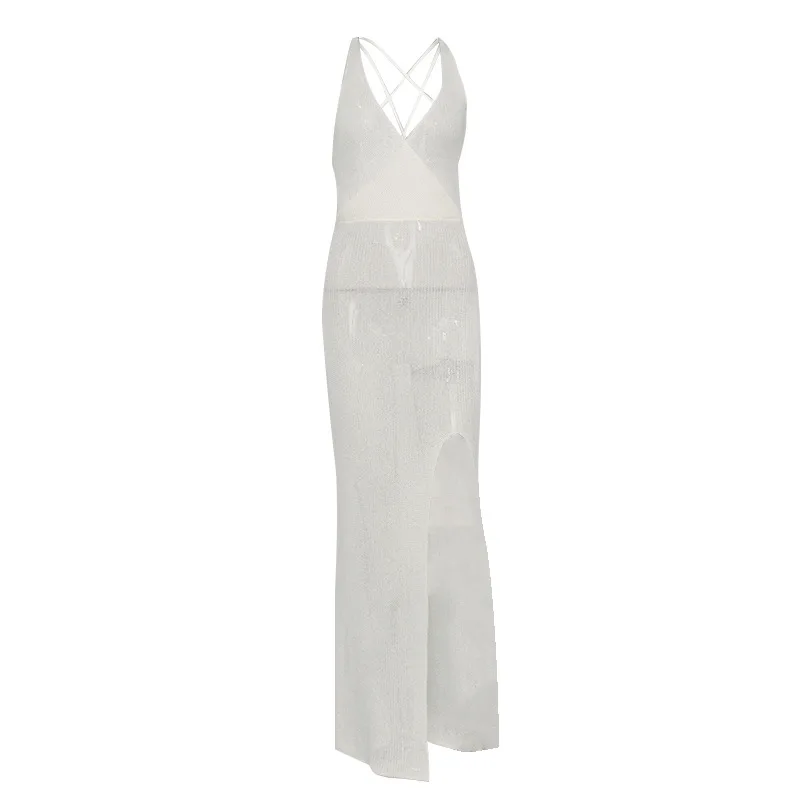 

2021 Summer New Fashion V-neck Open Back Lace Up Perspective Hook Flower Beach Suspender Dress