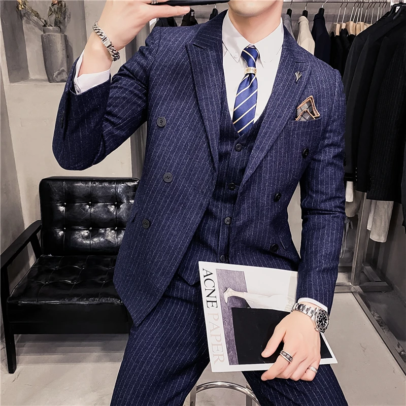 

( Jacket + Vest + Pants ) Fashion Mens Double breasted stripe Casual Business Suit Social Formal Suit 3 Pcs Set Groom Wedding