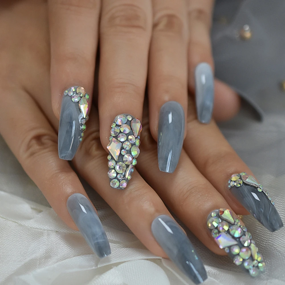 Мрамор накладные ногти цвета: серый розовый камни предизайн Luxurynails удлиненная
