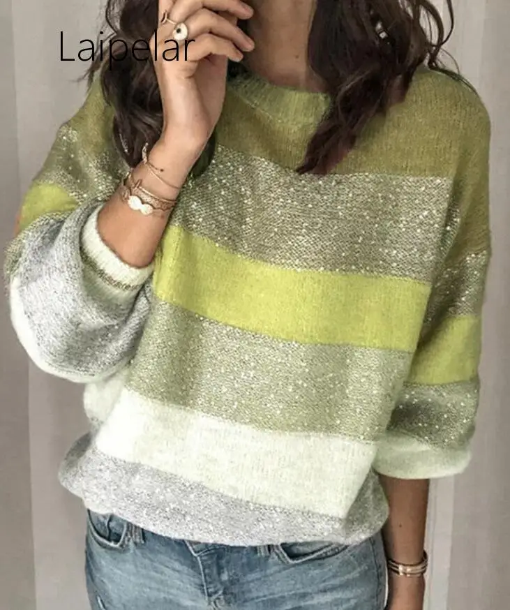 

Laipelar Loose Casual Knit Sweater Women Autumn 2019 Female Pullover Long Sleeve Striped Knitted Sweaters Femme Elegant Clothes