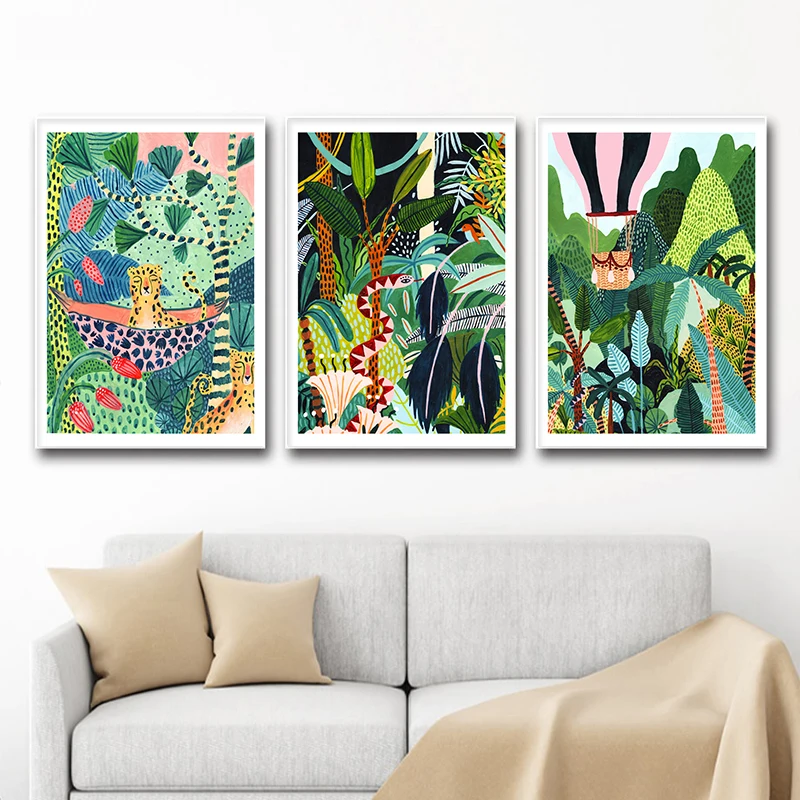 

Jungle Safari Animal Wall Art Canvas Painting Snake Leopard Print Tropical Botanical Poster Nursery Picture for Kids Room Decor