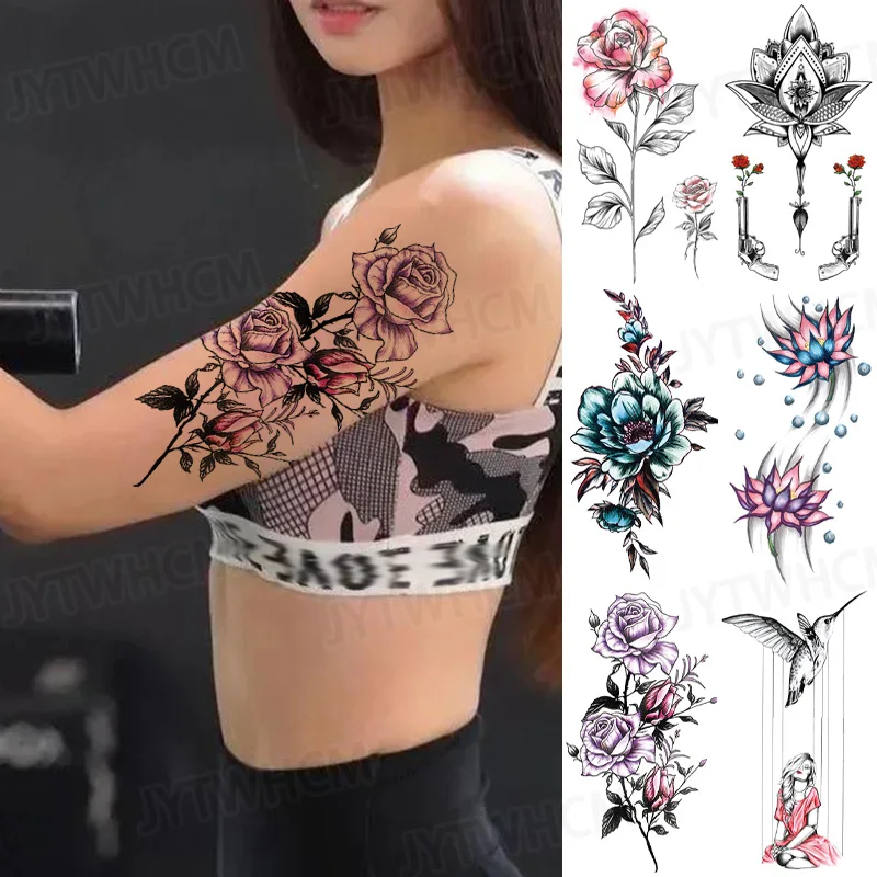 

Purple Rose Arm Tattoo Stickers Waterproof Fake Sleeves Slave Sexy Stickers Cool Things Body Art Arm Large Temporary Tattoos