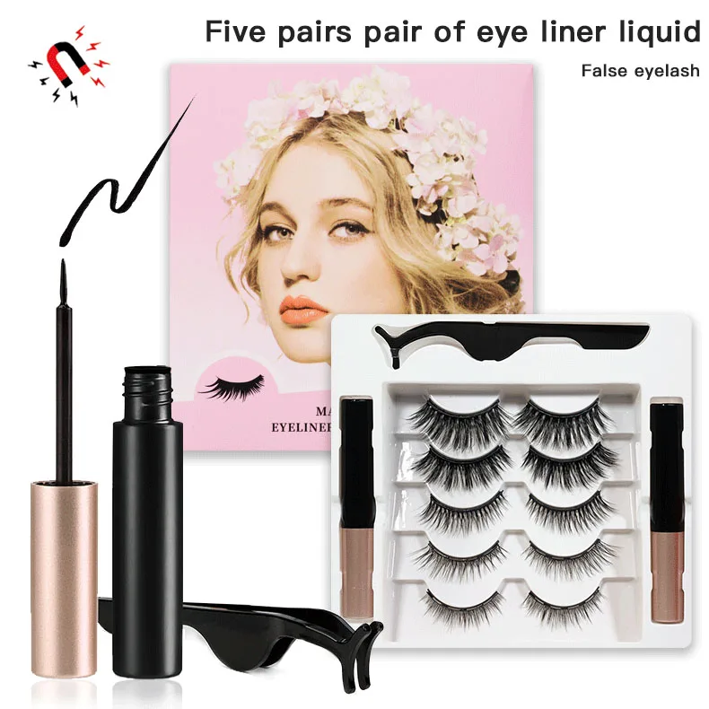 

makeup 3D false eyelashe sets 5 pairs of magnetic eyelashes, waterproof magnetic eyeliner and tweezers, magnet mink eyelashes