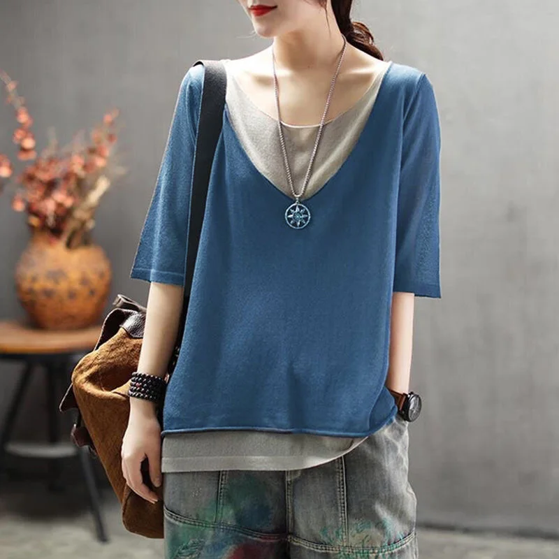 

Pure Cotton Short-Sleeved Top 2021 Summer New Splicing T-Shirt Women Loose Large Size Half-Sleeved Vest Outer Wear
