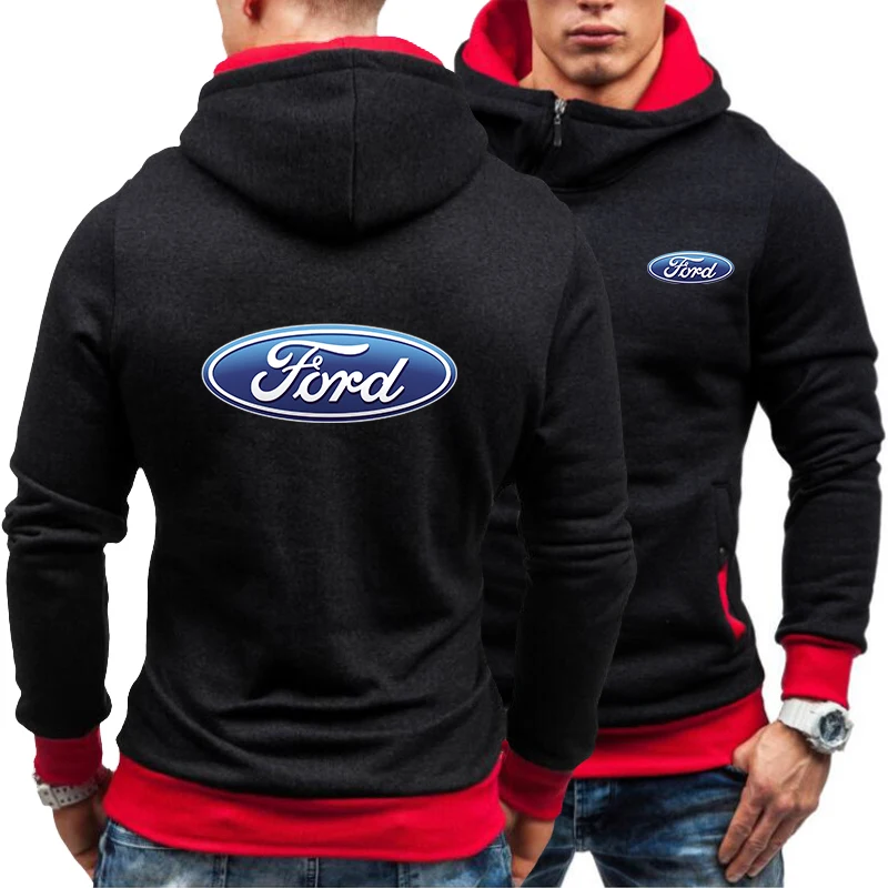 

Ford Car Printing Autumn 2021 Personalized Diagonal Zipper Men Fashion Hoodie Two-Color Stitching Design Casual All-Match