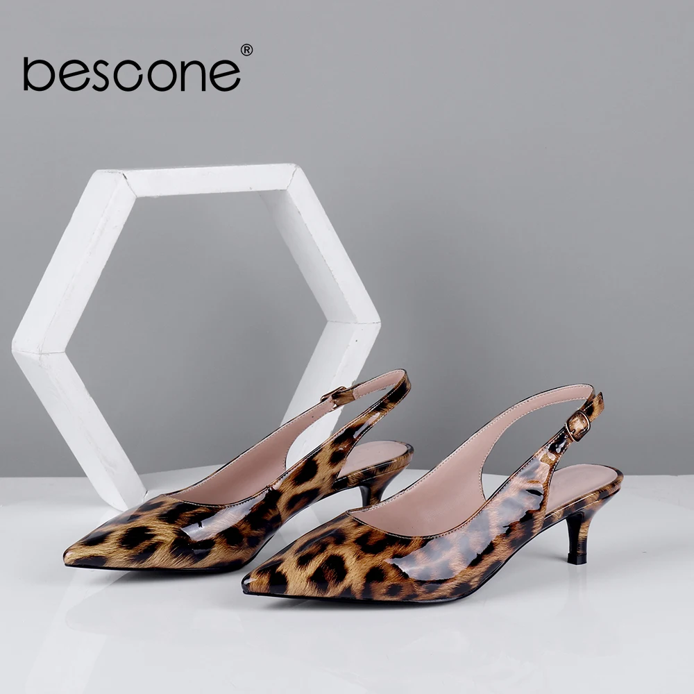 

BESCONE Elegant Women Pumps New Pointed Toe Thin Heels Med Leopard Print Fashion Casual Microfiber Shoes Slingbacks Pumps BC636