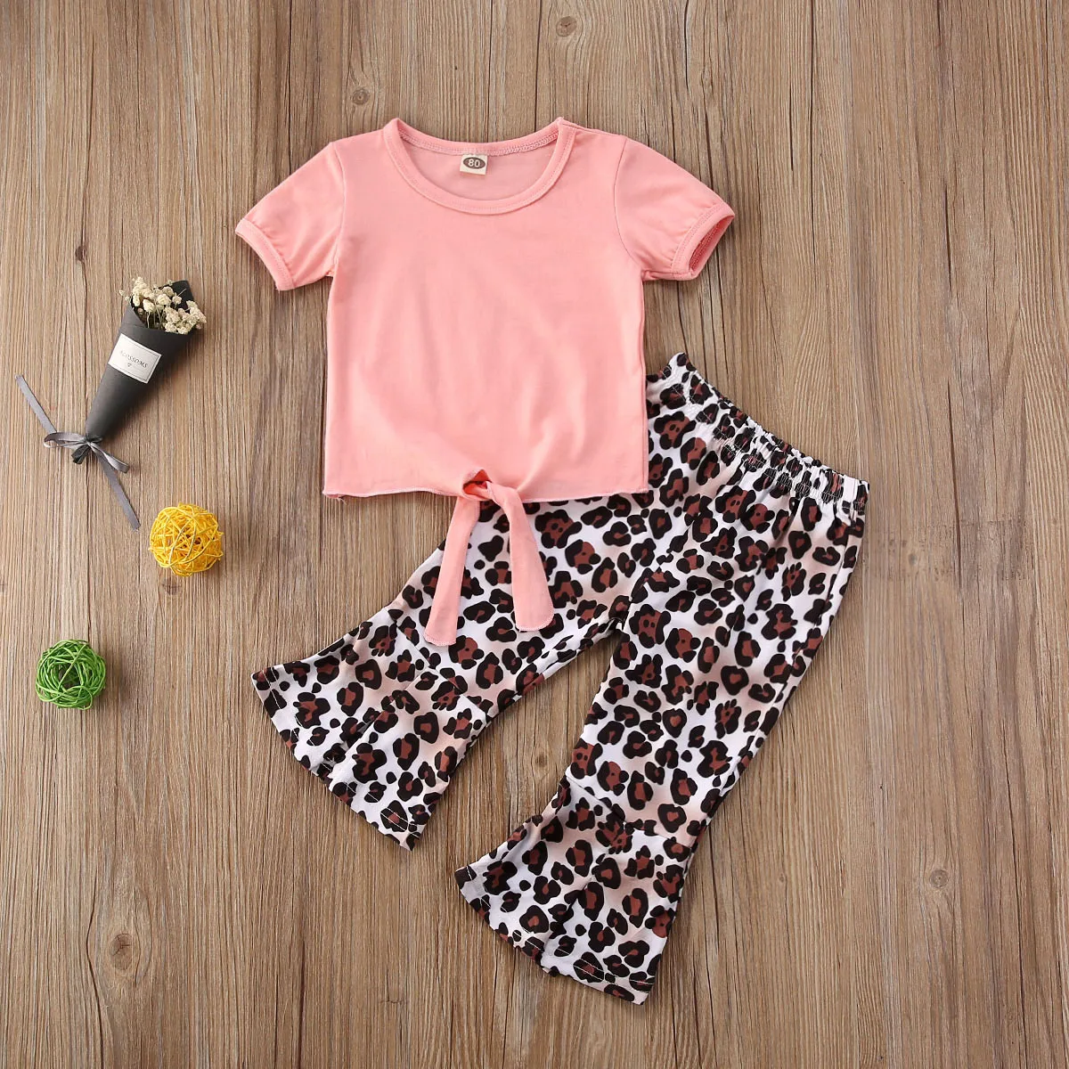 

Baby Girl Kids Short Sleeve Bowknot Tops+Lepoard Flare Pants Clothes Outfits 2PCS Cotton Set 1-6T