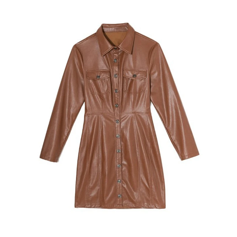 

Dresses for Women 20Autumn and Winter Playful PU Sexy Lapel Waist Tight Skirt One-Step Button Long-Sleeved Dress