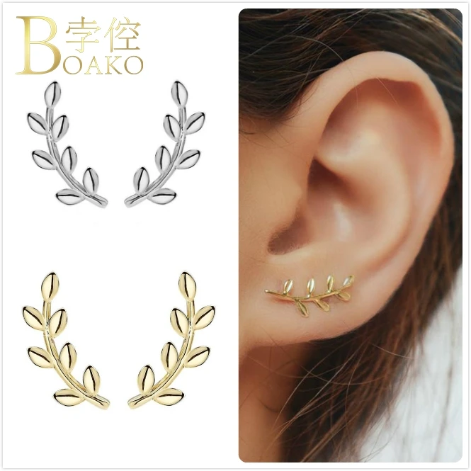 

Vintage 925 Sterling Silver Earrings For Women Gold Leaf Earrings Girl Cartilage Ear Bone Stud Earrings Female Plant aretes K5