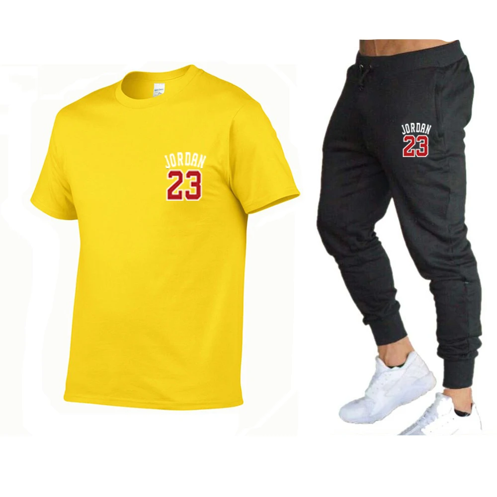 

Men's two-piece fitness shirt suit Men's leisure fitness sports suit Short-sleeved T-shirt + casual pants suit