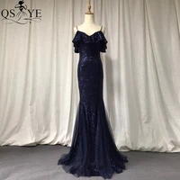 sequin navy evening dresses mermaid ruffle sexy neck long party gown tulle bottom spaghetti straps lady prom formal dress chic