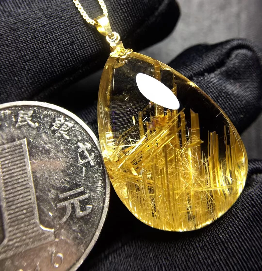 

Natural Gold Rutilated Quartz Titanium Water Drop Pendant Gemstone 26*19*9.5mm Crystal necklace AAAAA
