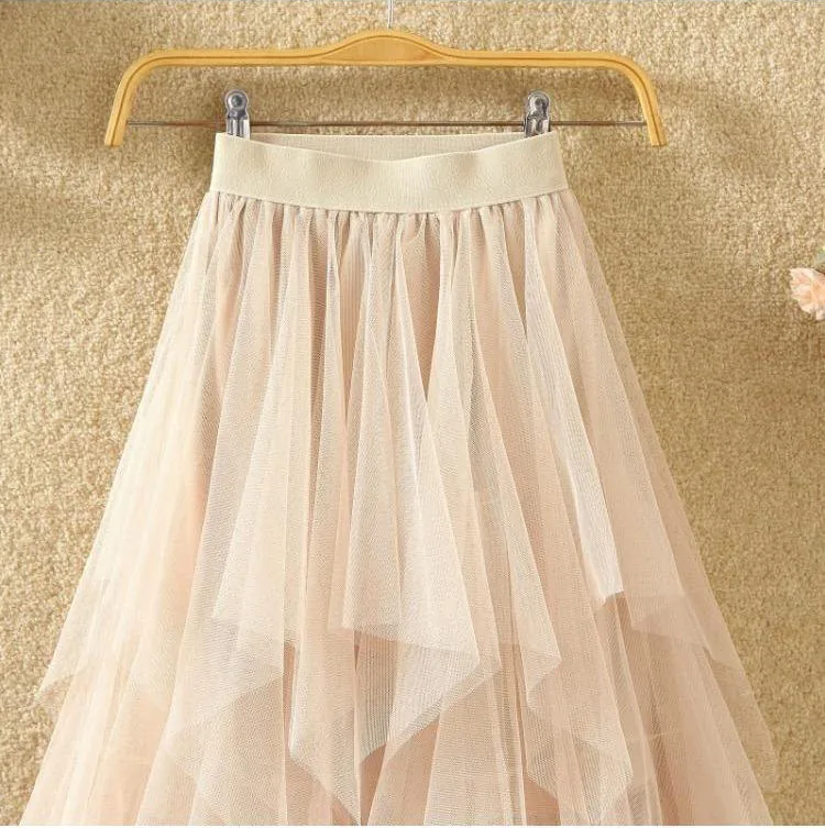 Women Sweet Midi Spring And Summer High Waist Solid Asymmetrical Elegant Chic White Mesh Tulle Skirts Faldas