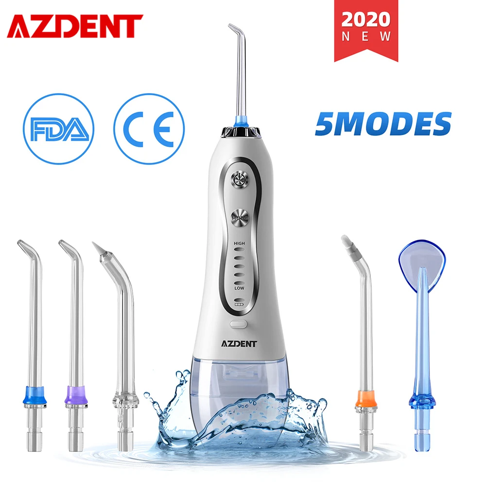 

AZDENT Portable Cordless Electric Water Oral Dental Irrigator Flosser USB Rechargeable Teeth Cleaner 5 Modes IPX7 Waterproof