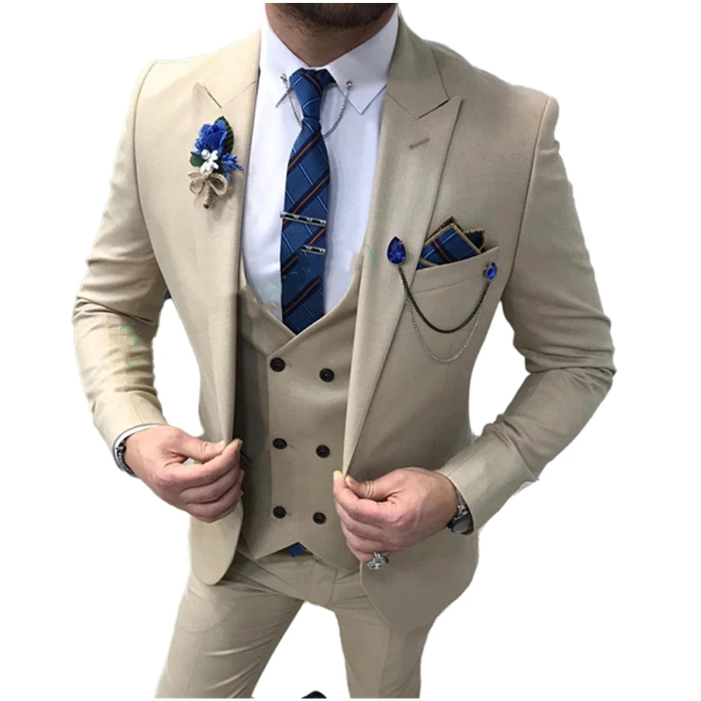 3 Piece Kaki Men Wedding Suits 2022 Peaked Lapel Groom Tuxedos Male Evening Formal Wear Jacket Vest Pants Tailor Made