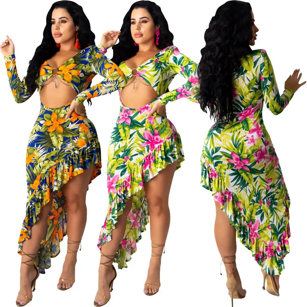 

2020 women's summer color dress sexy ruffled printed v-neck bandage party nightclub casual elegant dress date