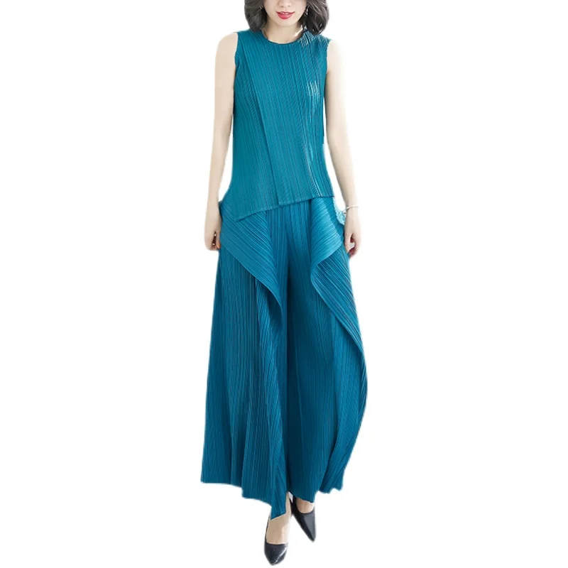 

SuperAen 2021 New Solid Blue Fashion Vest Two-piece Irregular Pants Sets