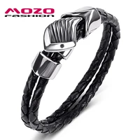 male bangle black double layer leather bracelet stainless steel angel wings punk charm fashion jewelry ps1012