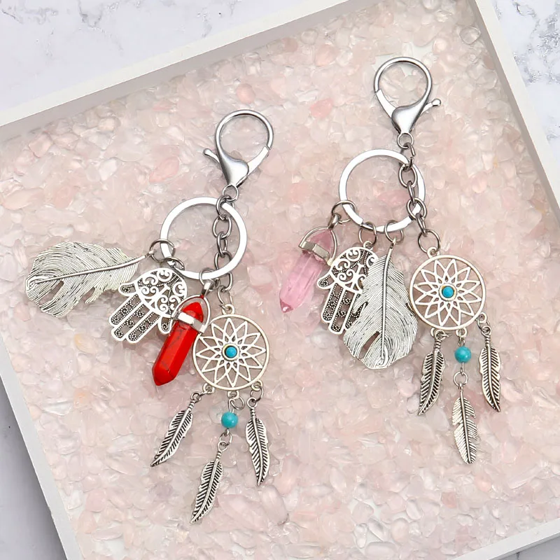 Брелок для ключей в виде Ловца снов перо ручная работа цветной камень Ловец