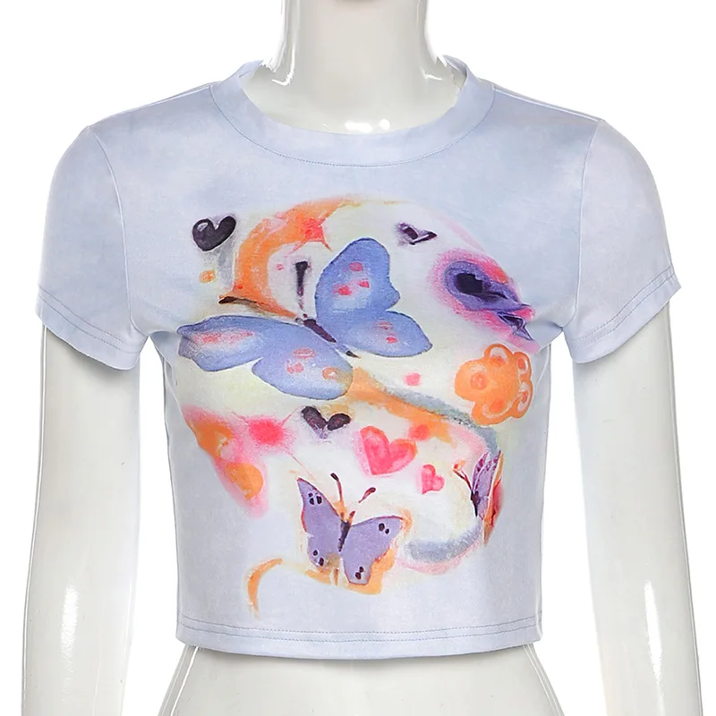 

Butterfly Print Short Sleeve Tshirt Crop Top Slim Y2k Shirt Summer 2021 Streetwear Casual Missme