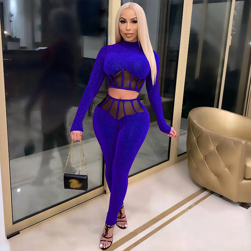 

ZKYZWX Sexy Elastic Nylon 2 Piece Set Long Sleeve Turtleneck Crop Top Bodycon Slim Pants Fall Winter Clothing Women Club Outfits