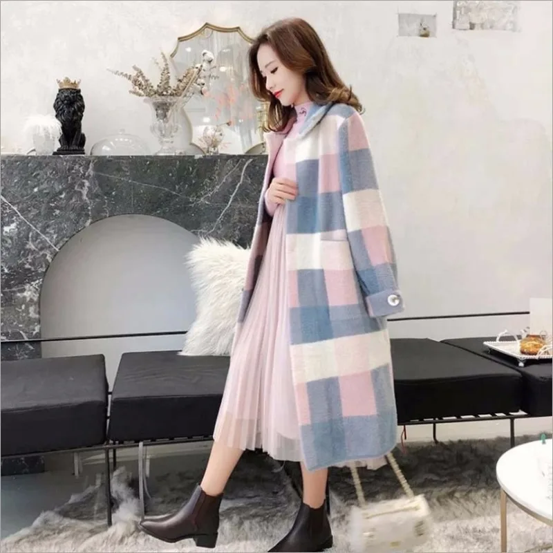 Faux Mink Cashmere 2021 Popular Plaid Coat Winter Women's New Korean Version Of The Coat Long Lapel Woolen Coat