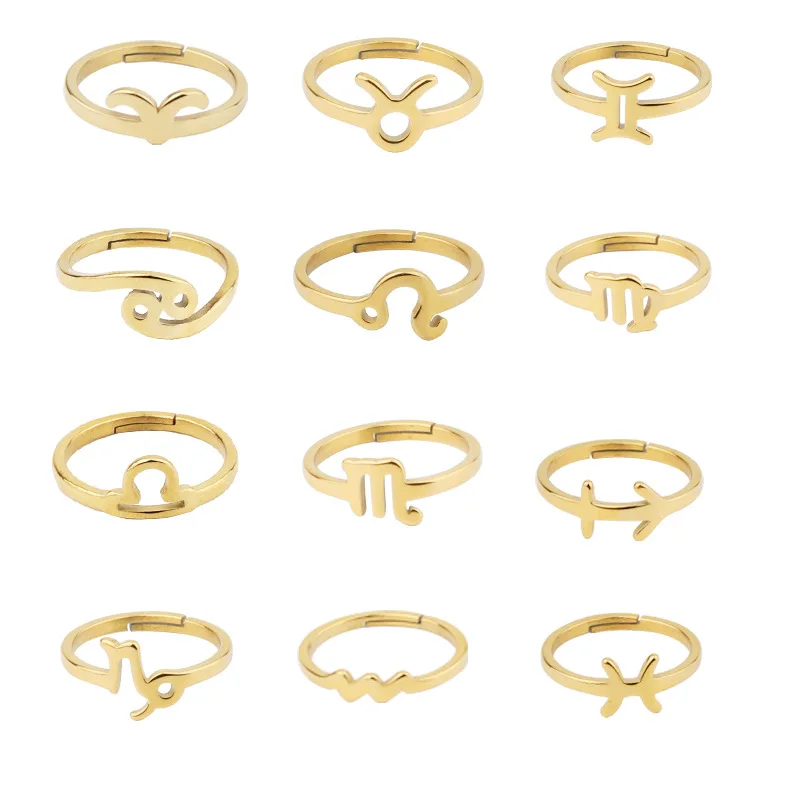 

12Pcs Ins Classic Constellation Ring Adjustable Stainless Steel Rings For Women's Lovers Girls Gifts Fashion Jewelry 2021 Trends