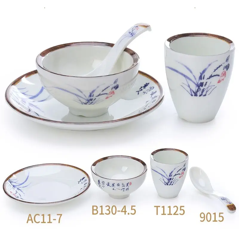 Plate Bowl Set Orchid Print jingdezhen Dinnerware Sets A5 Melamine Dishes and Plates sets Cutlery Set Porcelain Dinner Sets