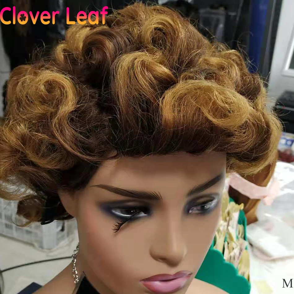

Clover Leaf Egg Curly Hair Wig Brazilian Highlight Wig Human Hair 150% Remy Full Machine Short Pixie Cut Wig For Black Women