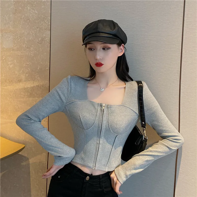 Zipper Knitwear Square Collar Shirt Slim Sweater Fashion Button Long Sleeve Bottoming Knit Tops Cropped Shirts Female Gray/Black |