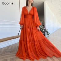 booma simple orange chiffon prom dresses long sleeves deep v neck pleated evening dresses a line wedding party gowns plus size