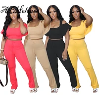 abhelenss summer female casual matching suit fashion solid color strapless hollow out ruffle two piece set women