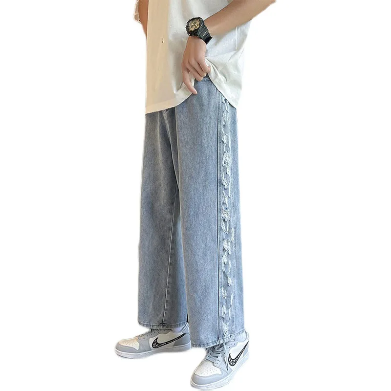 

Рваные джинсы мужские, свободные прямые широкие брюки из потертого денима, уличная одежда, брендовые ковбойские мешковатые штаны в стиле хи...