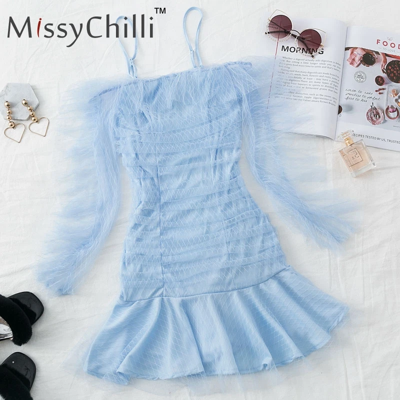 MissyChilli оборками элегантное Сетчатое синее платье для женщин прозрачный с открытыми плечами летний сарафан женское сексуальное короткое Клубное платье Vestido