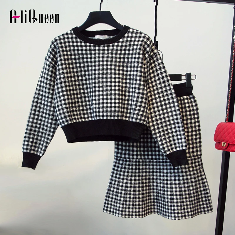 2019 осенние женские вязаный кардиган в клетку комплект со свитером короткий