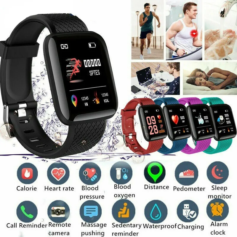 116 plus color screen smart watch heart rate blood pressure waterproof fitness tracking watch mens sports bracelets free global shipping